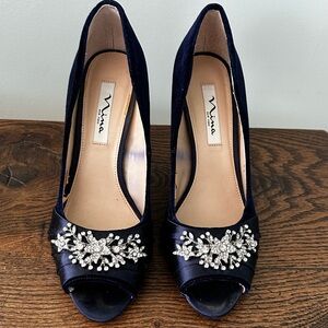 Nina New York “Rumina2” Satin Crystal Peep Toe Heels – Midnight Navy – Size 9.5